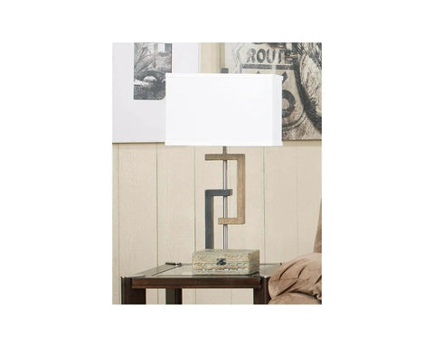 One lamp from 2-Pack Contemporary Table Lamps Set With Faux Wood Geometric Bases, 28.75 Inch Tall, Brushed Silver Finish, Square Fabric Shades, Cool Modern Eclectic Lighting For Living Room, Bedroom, Or Desk on a table
