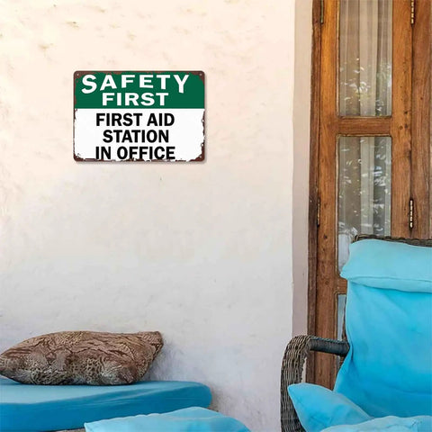 First Aid Station Aluminum Sign 8x12 Inches Dope Wall Decor For Office, mounted on white wall next to chair and window