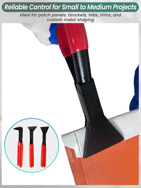 Close-up of 3 Piece Hand Seamers Sheet Metal Tools being used for metal shaping with straight, 45° and 90° jaws for DIY projects.