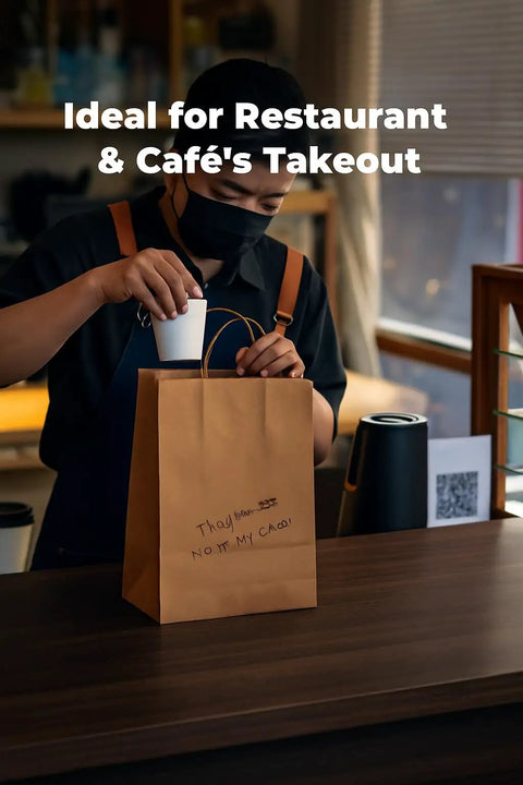 Person placing cup in Heavy Duty Kraft Paper Bags With Handles 10 x 7 x 12 Inches, 250 Pack Brown Shopping Bags For Grocery, Gift And Retail Carry, Eco Friendly Recyclable Bags on counter.