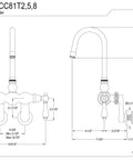 Technical drawing of Vintage Center Wall Mount Clawfoot Tub Faucet In Oil Rubbed Bronze With Solid Brass Construction One Quarter Turn Ceramic Disc Valves Long Spout Reach From Wall And Beefy Metal Lever Handles
