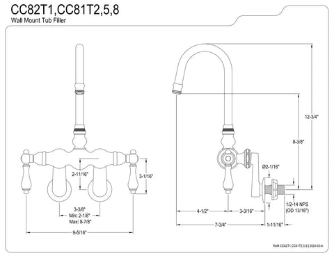 Technical drawing of Vintage Center Wall Mount Clawfoot Tub Faucet In Oil Rubbed Bronze With Solid Brass Construction One Quarter Turn Ceramic Disc Valves Long Spout Reach From Wall And Beefy Metal Lever Handles