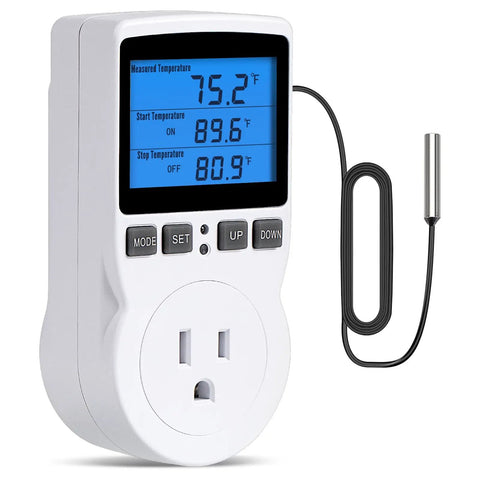 Plug In Thermostat Outlet With Temperature Control And Timer, 1800W 110V 15A, Backlit Digital Display showing measured temperature