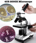 40X-2000X Microscope For Students And Adults, Home School Lab Kit with zoomed cell images demonstrating magnification clarity