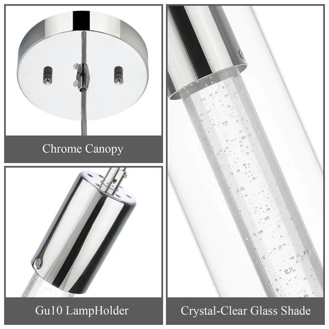 Chrome Finish Glass Bubble Crystal Mini Pendant Light components: canopy, GU10 lamp holder, clear glass shade with bubble orbs.