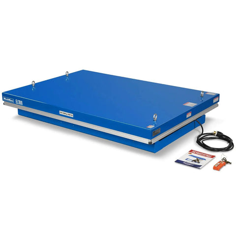 Heavy Duty Electric Hydraulic Lift Table With Wireless Remote 8,800 Lb Capacity Big Platform 66.9 X 47.2 Inches on display.