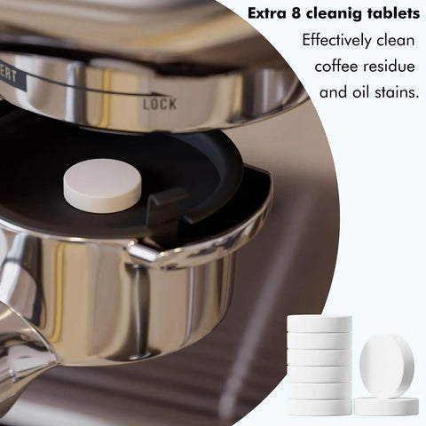 Two Bottle Descaling Kit For Home Espresso Machines With 16.9 Oz Liquid Descaler And 8 Cleaning Tablets, extra cleaning tablets shown