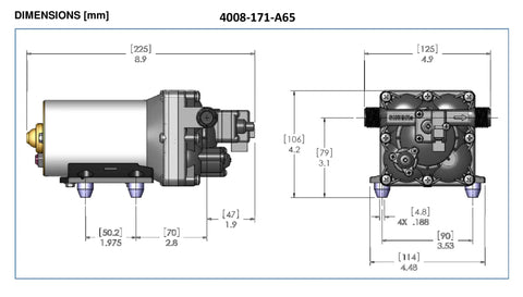 Revolution 4008 171 E65 RV Fresh Water Pump 115V AC Quiet Automatic Demand Diaphragm Bypass Pump 3.0 GPM 55 PSI dimensions diagram