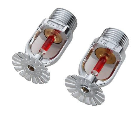 Six Pack Heavy Duty Fire Sprinkler Heads Half Inch Thread Quick Response Pendent Style showing chrome finish, red activator, and heat sensing design.