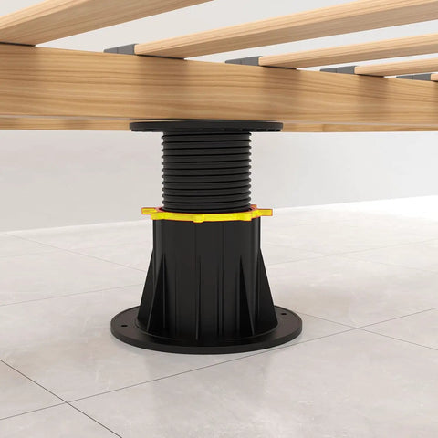 Heavy Duty Adjustable Bed Support Legs Built Tough Keep Your Mattress Frame Slammin Steady Height Tweakable Four Point One To Seven Point Three Inches Two Pack close up of height adjustable base for mattress support.