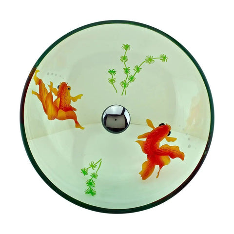 Top view of Round Glass Vessel Sink 16.5 Inch Durable Tempered Glass Bathroom Basin with Chrome Drain Koi Fish Design