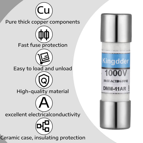 Five Pack 11A 1000V Fast Acting DMM Fuse 10x38mm Replacement, ceramic case, copper components visible, DMM-11A fuse close-up.