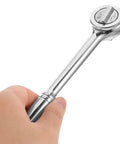 Heavy Duty 3/8 Inch Drive Ratchet Socket Wrench With Smooth Reversible Action And Quick Release Handle, held in hand.