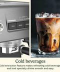 Professional Grade Home Espresso Maker Featuring Solid Twenty Bar Pressure And A Stainless Steel Bottomless Portafilter, showing cold beverage options.
