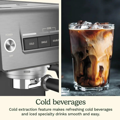 Professional Grade Home Espresso Maker Featuring Solid Twenty Bar Pressure And A Stainless Steel Bottomless Portafilter, showing cold beverage options.