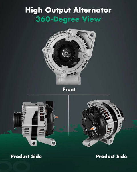 Alternator Replacement For Buick LeSabre And Pontiac Bonneville 2004 2005 3.8L V6 12V 140Amp Clockwise 6 Groove Pulley OE 11035 Compatible High Output Auto Electrical Power For Your Daily Driver shown in front and side views.