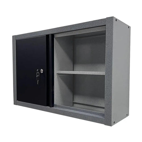 Lockable Heavy Duty Metal Wall Cabinet With Two Removable Shelves In Black And Gray Finish for garage storage
