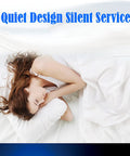 Woman sleeping peacefully in white bedding with a pillow, featuring Quiet Design Silent Service.