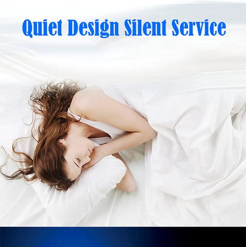 Woman sleeping peacefully in white bedding with a pillow, featuring Quiet Design Silent Service.