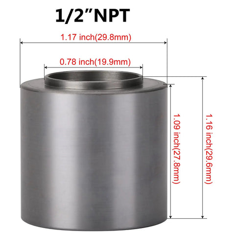 1/2 NPT Female Weld On Bung Fitting Adapter, Steel, Close-up with Dimensions, CNC Machined, Industrial Grade, Heavy Duty