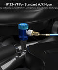 R1234YF Quick Coupler Kit Set of 2, DIY Friendly Adjustable High And Low Side Adapters For Automotive Air Conditioning Service Ports, Compatible With Quarter Inch Fittings, Easy To Use R1234YF AC Line Repair Tools installed on automotive AC system