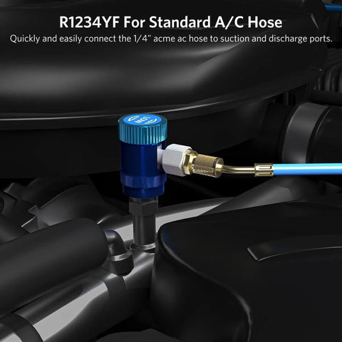 R1234YF Quick Coupler Kit Set of 2, DIY Friendly Adjustable High And Low Side Adapters For Automotive Air Conditioning Service Ports, Compatible With Quarter Inch Fittings, Easy To Use R1234YF AC Line Repair Tools installed on automotive AC system