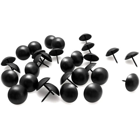 Badass Black Nailhead Trims And One Inch Furniture Upholstery Tacks For Diy Home Renovations Heavy Duty Steel Nail Pins With Sleek Matte Surface To Give Your Couch Or Cabinet A Dope Fresh Look Today, shown as a pile of matte black tacks.