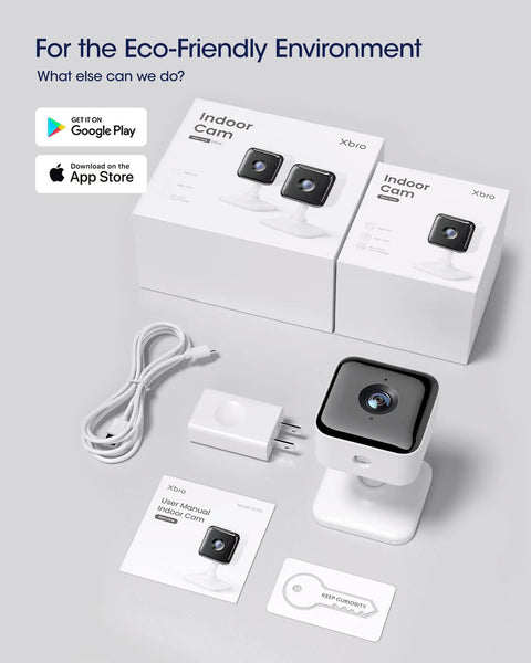 Indoor Security Camera And Baby Monitor All In One 1080P HD WiFi Setup with boxes, power adapter, and manual