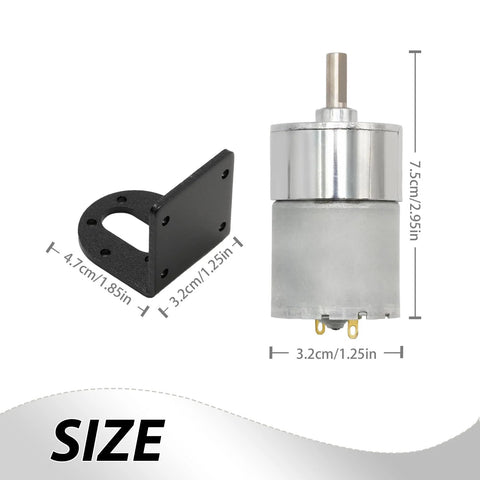 Geared 12V DC motor and mounting bracket (2 items); 37mm gearbox, top output shaft.