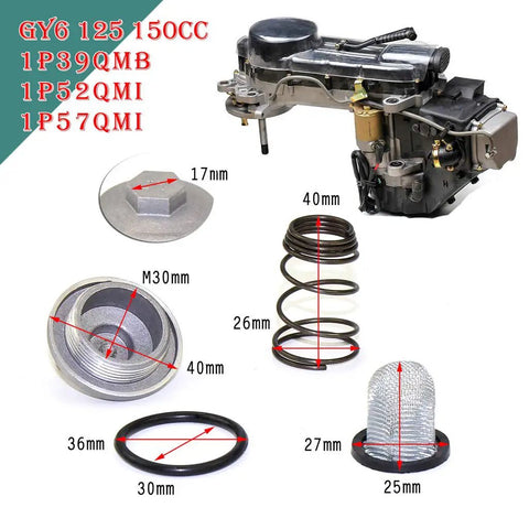 Premium Gy6 Oil Drain Plug Kit Featuring Durable Aluminum Screw With Rubber O-Ring Seal And Metal Filter Mesh For Leak-Free Scooter Maintenance And Smooth Engine Performance. GY6 125/150cc M30 oil drain plug kit with 17mm cap, 40mm spring and 27mm mesh