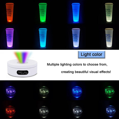 YVV Rotating LED Display Stand With Colorful Lights Spinning Platform showcasing colorful cups and illuminated orb design.