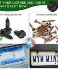 Comparison of Built Tough 4Pc Matte Black License Plate Screws and Security Bolts with rusty screws and damaged plates.