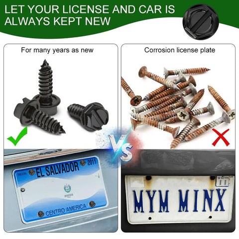 Comparison of Built Tough 4Pc Matte Black License Plate Screws and Security Bolts with rusty screws and damaged plates.