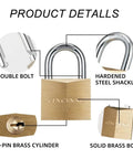Heavy Duty Brass Padlock With Key One And Nine Sixteenth Inch Wide Body Two Pack Keyed Alike Locker Locks For Indoor And Outdoor Use displaying product details including double bolt, hardened steel shackle, solid brass body, and 4-pin brass cylinder.