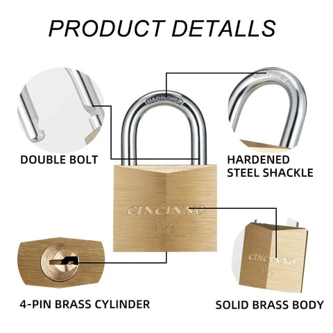Brass Padlock Set Of 16 Keyed Alike With 32 Keys showcasing double bolt, hardened steel shackle, and solid brass body features.
