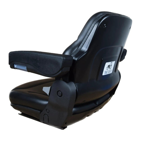 Rear view of Rugged Workhorse Universal Operator Seat for Backhoes Dozers Excavators Wheel Loaders Skid Steers Telehandlers Adjustable Armrest and Backrest