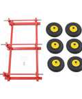 All Terrain Furniture Dolly Six Piece Set With 10 Inch Inflatable Deep Tread Wheels And Carbon Steel Frame Built For Heavy Duty Moves Of Up To 1200 Pounds In Warehouses Garages Or Home Workshops. Six red steel dollies with 10-inch inflatable wheels