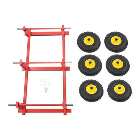 Heavy Duty Furniture Moving Cart With Smooth Rolling Inflatable Tires And Tough Steel Frame For Absolutely No Sweat Hauling massive parts including red steel frame and yellow-treaded wheels.