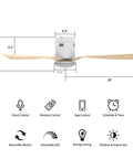 52 Inch Dope Smart Ceiling Fan With Dimmable LED Lights And 10 Speed DC Motor, White with Light Wood Pattern ABS Blades, Remote Control Icons
