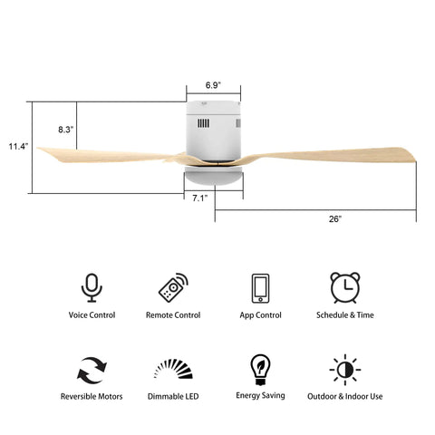 52 Inch Dope Smart Ceiling Fan With Dimmable LED Lights And 10 Speed DC Motor, White with Light Wood Pattern ABS Blades, Remote Control Icons