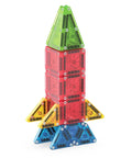 Travel Magnetic Construction Set With 26 MicroMAGS Tiles forming a colorful rocket shape, including green, red, yellow, and blue tiles.