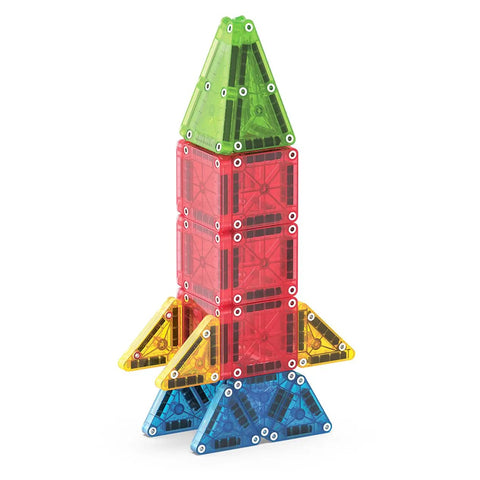 Travel Magnetic Construction Set With 26 MicroMAGS Tiles forming a colorful rocket shape, including green, red, yellow, and blue tiles.