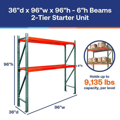 Heavy Duty 2 Tier Pallet Rack Starter Unit With Tough As Nails Steel Build Ideal For Warehouse And Distribution Center Storage 36 By 96 By 96 Inches No Decking built to grind under heavy loads, showcasing a two-tier steel frame.