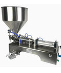 Pro Grade Horizontal Pneumatic Liquid Filling Machine With Slick Auto Piston Action And Stainless Anti Drip Nozzle, view from the side.