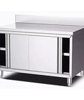 Rock Solid Stainless Steel Prep Table With Sliding Door Cabinet Heavy Duty Workbench Featuring Splash Guard Backsplash, front view.