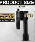 Tub Drain Removal Extractor Tool For Three Eighths Inch Ratchet, Plumbing Repair Wrench, shown with size dimensions
