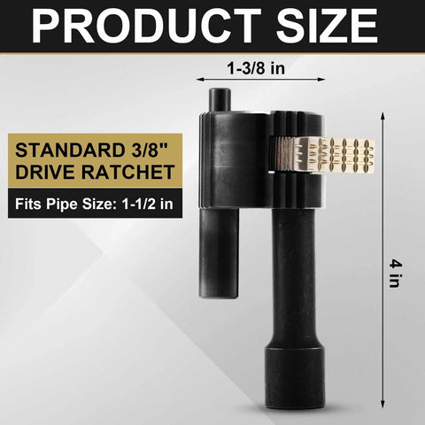 Tub Drain Removal Extractor Tool For Three Eighths Inch Ratchet, Plumbing Repair Wrench, shown with size dimensions