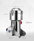 Powerful Grain Grinder For Home Or Light Pro Kitchen Use, Dry Milling Machine, stainless steel, shown with dimensions