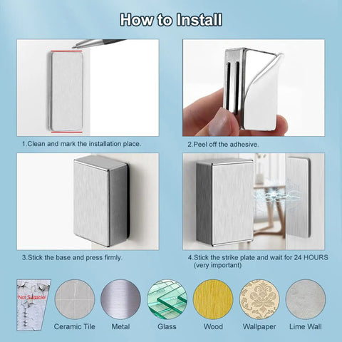 Installation steps for No Drill Adhesive Magnetic Door Catch Set 17lb Holding Force For Kitchen Cabinets Cupboards And Drawers Self Stick
