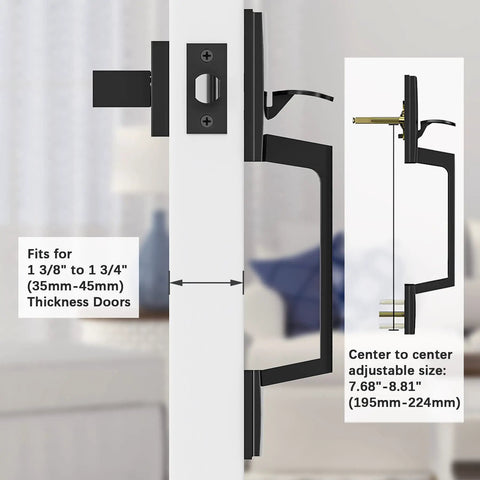 Matte Black Front Door Handle Set With Reversible Lever For Right Or Left Handed Doors, showing adjustable measurements on door